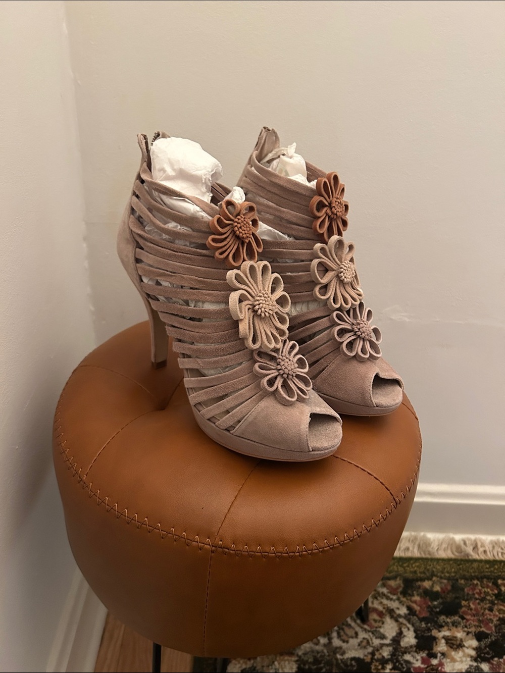 Sacha London Taupe Strappy Floral Peep-Toe Heels